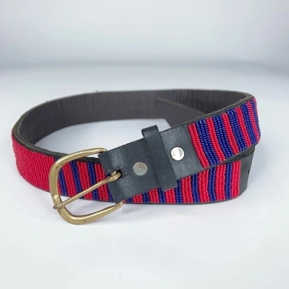Angama Beaded Waist Belt Red Blue Maasai Kenya Black Leather Small - Picture 1 of 9